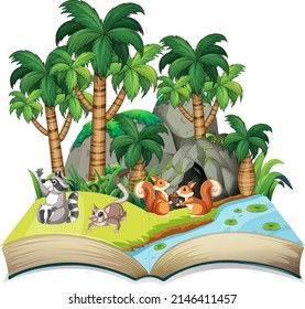 Opened fantasy book with cute animals  illustration