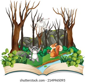 Opened fantasy book with cute animals  illustration