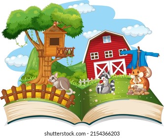 Opened fantasy book with cute animals  illustration