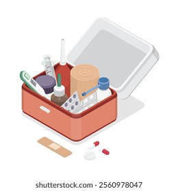 Opened first aid kit. Box with thermometer, pills, plaster, enema and syringe. Isometric vector icon on white background.