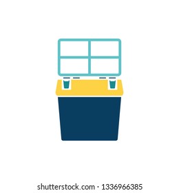 hat das Symbol für die Fischereibox geöffnet. Flaches Farbdesign. Vektorgrafik.