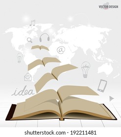 Opened flying books with application icon, modern template design. Vector illustration.