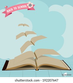 Libros voladores y cintas abiertos. Ilustración vectorial.