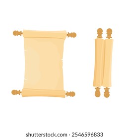 Opened and folded parchment scroll isolated on white background. Old paper roll, papyrus. Vector illustration