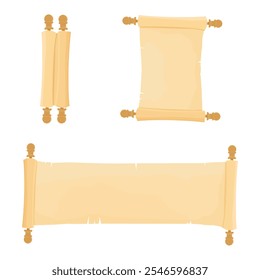 Opened and folded parchment scroll isolated on white background. Old paper roll, papyrus. Vector illustration