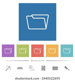 Opened folder outline flat white icons in square backgrounds. 6 bonus icons included.