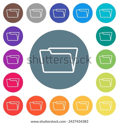 Opened folder outline flat white icons on round color backgrounds. 17 background color variations are included.