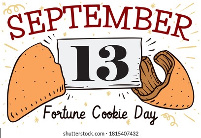 Opened fortune cookie and paper in doodle style reminding at you to celebrate its day in September 13.