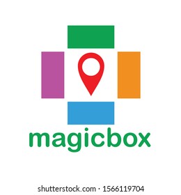 Opened four colored box from above with location icon can be used as android application for delivery business company logo or other promotional material