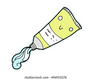 Opened funny smiling cartoon freehand yellow tube of medicinal ointment, tasty sauce, cosmetic cream or guache with a pasted label on it and with squeezed content