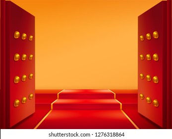 Opened gates with gold and red carpet on stairs. Doors and tapis at eastern castle entrance or chinese temple, japan medieval building. Buddhism pavilion entry. Exit and welcome symbol, asian element