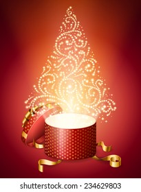 opened gift box, with abstract Christmas tree of sparks from it, holiday background, EPS 10 contains mesh.
