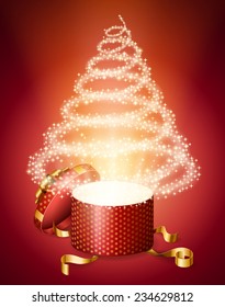 opened gift box, with abstract Christmas tree of sparks from it, holiday background, EPS 10 contains mesh.