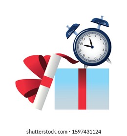 opened gift box with alarm clock over white background, vector illustration