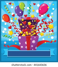 Opened gift box with balloons and confetti. Vector illustration.