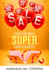 Opened gift box and balloons on yellow background. Sale and super discounts announcement