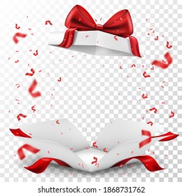 Opened gift box blank with red ribbon and bow. Isolated on a white background. Realistic 3D vector illustration