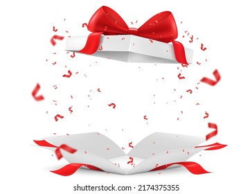 Opened gift box blank with red ribbon and bow. Isolated on a white background. Realistic 3D vector illustration