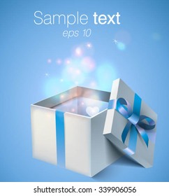 Opened gift box with blue bow and ribbon. vector design