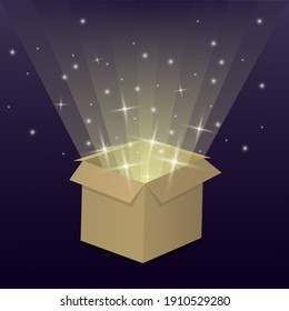Opened gift box with bokeh effect. Magical golden light box, magic box. Cardboard box. Isolated on a dark background. Vector illustration.