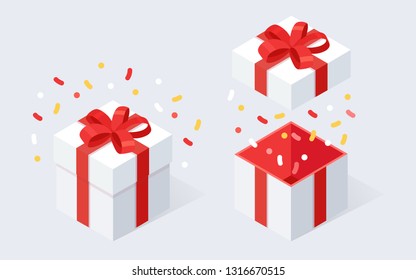 Opened gift box with bow, ribbon isolated on white background. 3d isometric red package, surprise with confetti. Sale, shopping. Holiday, christmas, birthday concept. Vector cartoon design