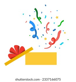 Opened gift box with a bow and scattered confetti. Flat present. Vector illustration