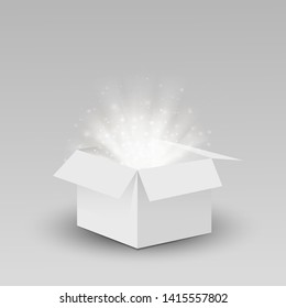 Opened gift box with bright shine. Surprise. Vector template for sale banner