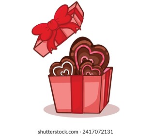 Opened gift box with chocolate heat shape inside. Surprise gift box with heart. Concept of love, valentine's day element.Happy valentine's day.