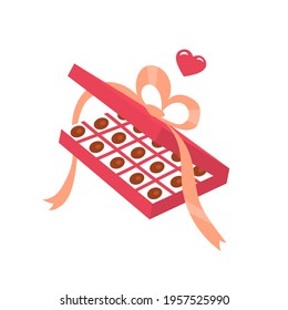 Opened gift box of chocolates with a heart. Vector isolated illustration