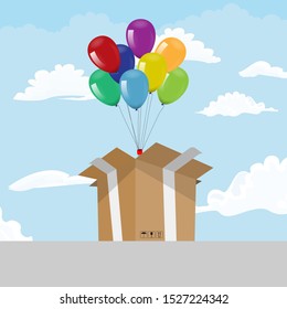 Opened Gift box with color balloons with bottom perspective view. Vector illustration.