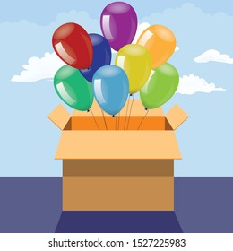 Opened Gift box with color balloons with front view. Vector illustration.