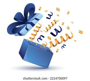 Opened gift box with confetti. Cartoon style. Present package with bursting elements, surprise inside. Template design for surprise, celebration event, presents, birthday. Vector illustration.