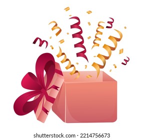 Opened gift box with confetti. Cartoon style. Present package with bursting elements, surprise inside. Template design for surprise, celebration event, presents, birthday. Vector illustration.