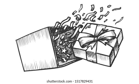 Opened Gift Box With Confetti Explosion Ink Vector. Mother Day Cardboard Surprise Present Box. Ornament Festive Ribbon Package Engraving Template Hand Drawn In Vintage Style Monochrome Illustration