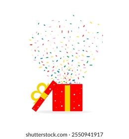 Opened Gift Box and Confetti. Surpris. Opened present box with fireworks. Vector on white background.