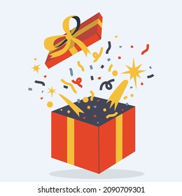 Opened gift box with confetti. Surprise concept. Hand drawn vector colorful funny cartoon style illustration. 