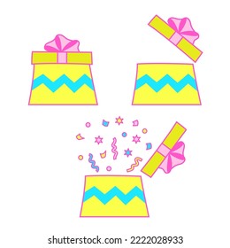 Caja de regalo abierta con confeti. Sorpresa dentro de la caja. Plantilla para venta banner, logo, afiche, volante, tarjeta de saludo, portada. Diseño plano para Año Nuevo, Navidad, cumpleaños, aniversario, boda. Vector