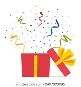 Opened Gift Box and Confetti. Surprise package. Opened present box with fireworks. Christmas, Birthday celebration, Party, greeting card design element. Vector illustration in flat style