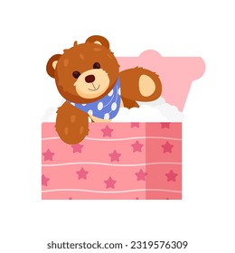 Opened gift box with cute teddy bear flat vector illustration isolated on white.