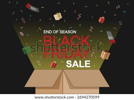 Opened gift box emitting bright light, Black Friday special offer, elegant vector design with dark luxury background. Vector illustration.