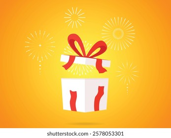 Opened gift box with Exploding festival fireworks, celebration, surprise box