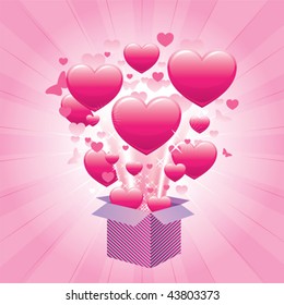 Opened gift box exploding with hearts on bursting pink background