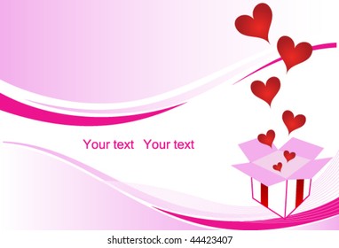 Opened gift box exploding with hearts on pink background