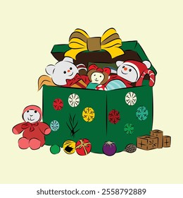 An opened gift box filled with toys.