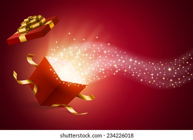 opened gift box, with firework and flow of sparks from it, holiday background, EPS 10 contains mesh.
