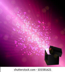 Opened gift box with flying hearts, Valentine's card. vector illustration
