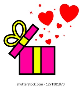 Opened gift box with flying hearts. Valentines card