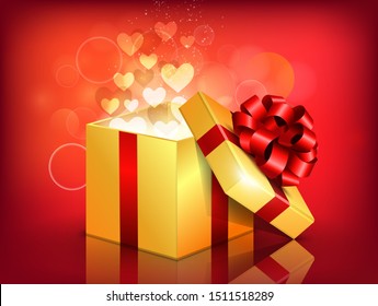 Opened gift box with flying hearts