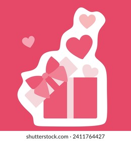 Opened Gift box with Flying out Hearts. Valentines card Template. Vector Flat or Cartoon isolated illustration for Greeting Postcard, Poster, Printable Sticker Pack. Romantic Present concept