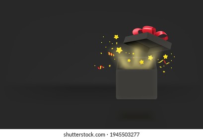 Opened gift box with glow effect. 3d style vector banner with copy space